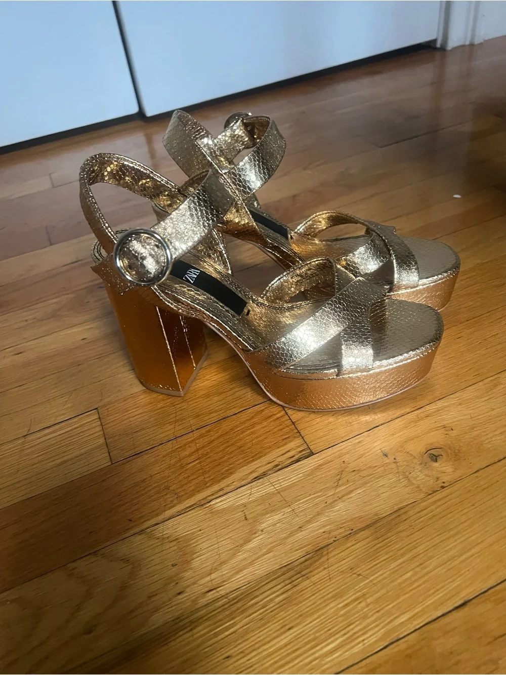 Zara Metallic Gold Platform Ankle-Strap Heels